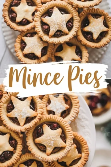 A plate filled with golden-brown mince pies, each featuring a flaky pastry shell and a star-shaped pastry top, revealing a rich, fruit-filled mincemeat filling. The text “Mince Pies” is overlaid in a stylish handwritten font.