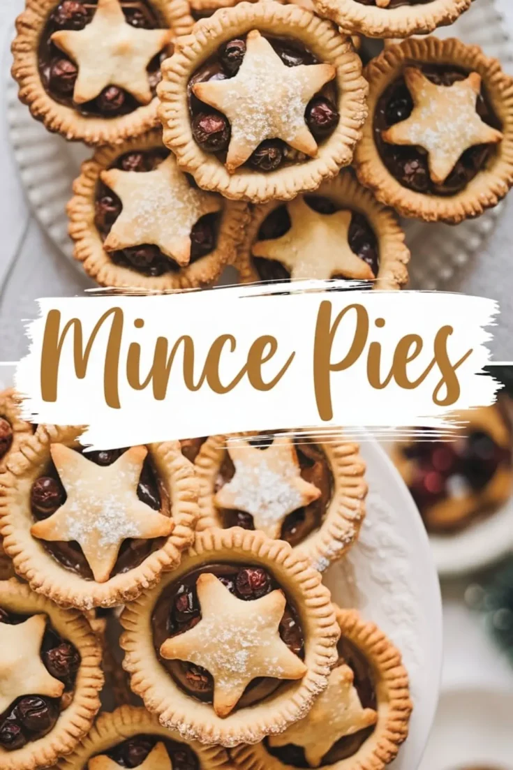 A plate filled with golden-brown mince pies, each featuring a flaky pastry shell and a star-shaped pastry top, revealing a rich, fruit-filled mincemeat filling. The text “Mince Pies” is overlaid in a stylish handwritten font.