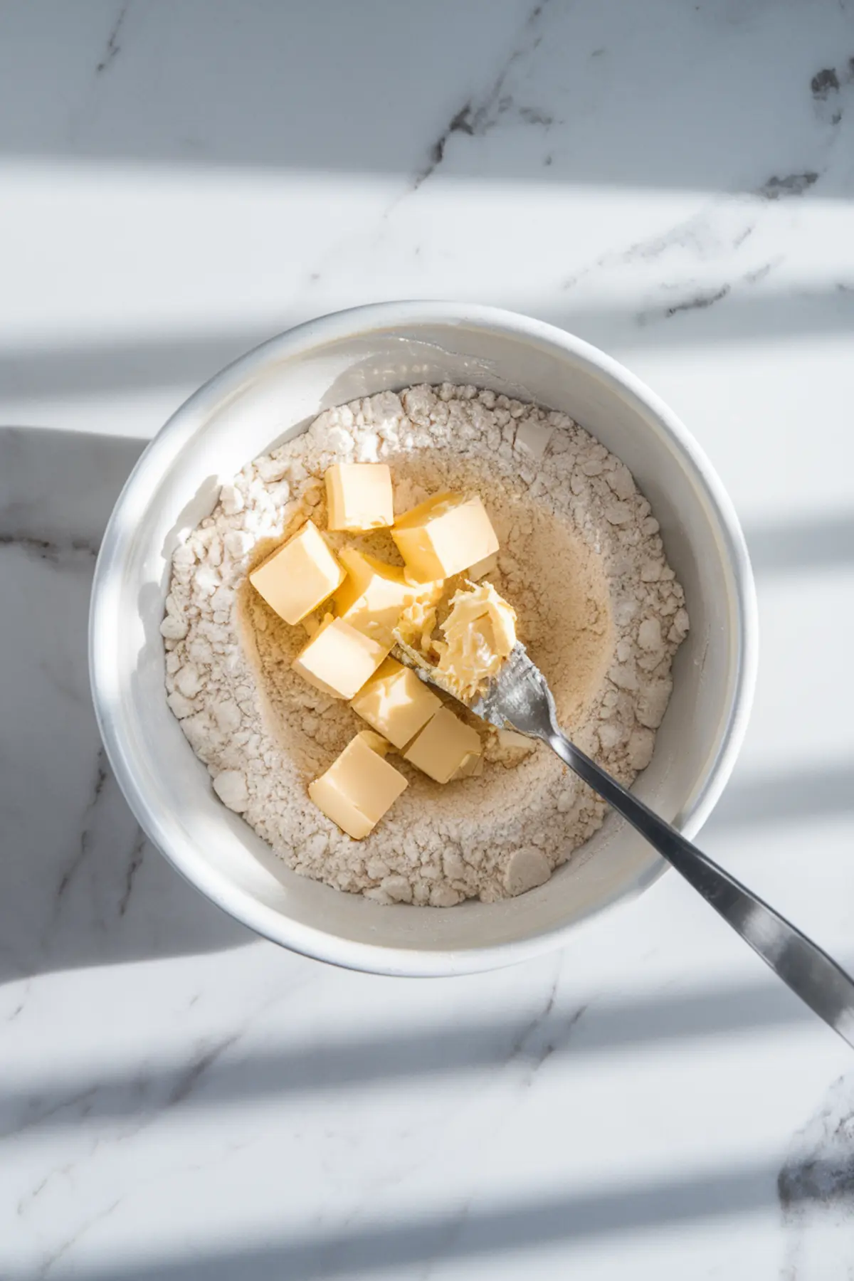 A white mixing bowl containing flour and cubed butter, with a fork pressing into the butter. Sunlight casts soft shadows on the marble countertop.