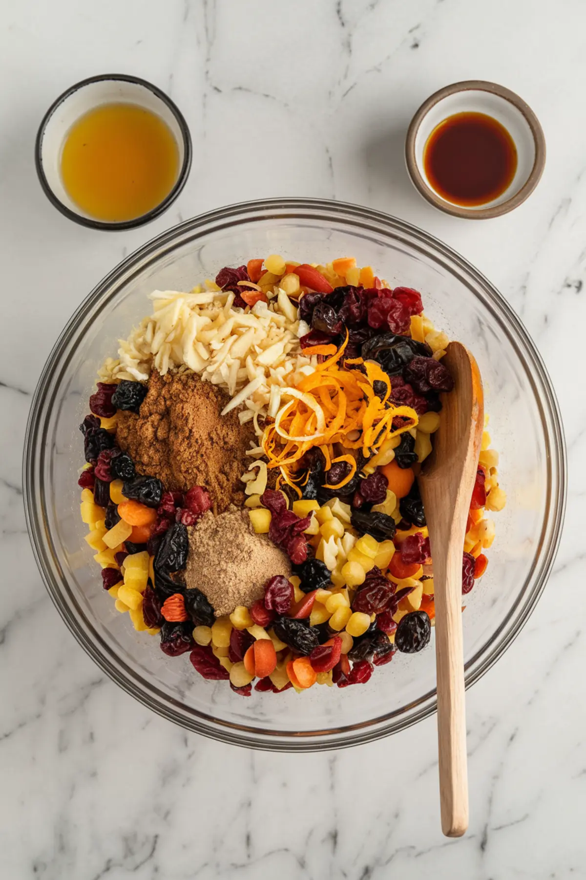 A glass mixing bowl filled with dried fruits, shredded apple, orange zest, and a blend of spices, with a wooden spoon resting inside. Two small bowls containing liquid ingredients sit beside it.