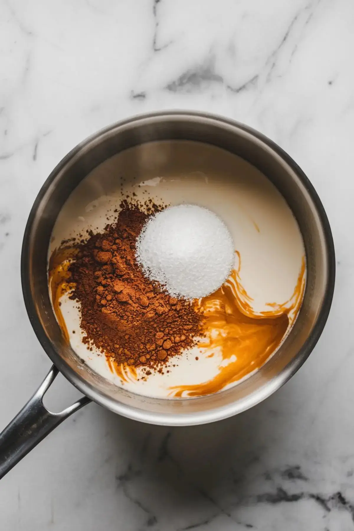 A top-down view of a saucepan filled with cream, cocoa powder, and sugar on a marble countertop. The ingredients are unmixed, visually emphasizing the process of making homemade coffee-flavored ice cream.