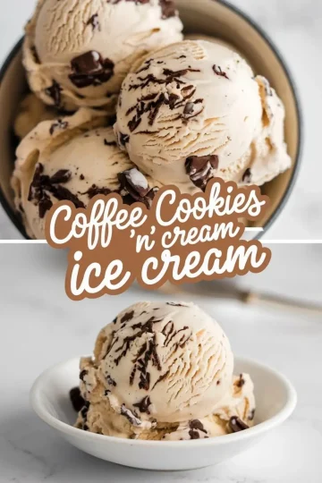 A collage of two images featuring coffee cookies and cream ice cream. The top image shows scoops of creamy coffee-flavored ice cream with chocolate chunks in a bowl, highlighting its rich texture. The bottom image presents a single scoop in a white dish, showcasing the smooth surface and chocolate mix-ins. Bold typography in the center reads "Coffee Cookies 'n' Cream Ice Cream."