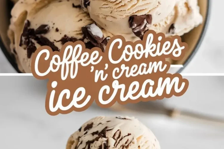 A collage of two images featuring coffee cookies and cream ice cream. The top image shows scoops of creamy coffee-flavored ice cream with chocolate chunks in a bowl, highlighting its rich texture. The bottom image presents a single scoop in a white dish, showcasing the smooth surface and chocolate mix-ins. Bold typography in the center reads "Coffee Cookies 'n' Cream Ice Cream."