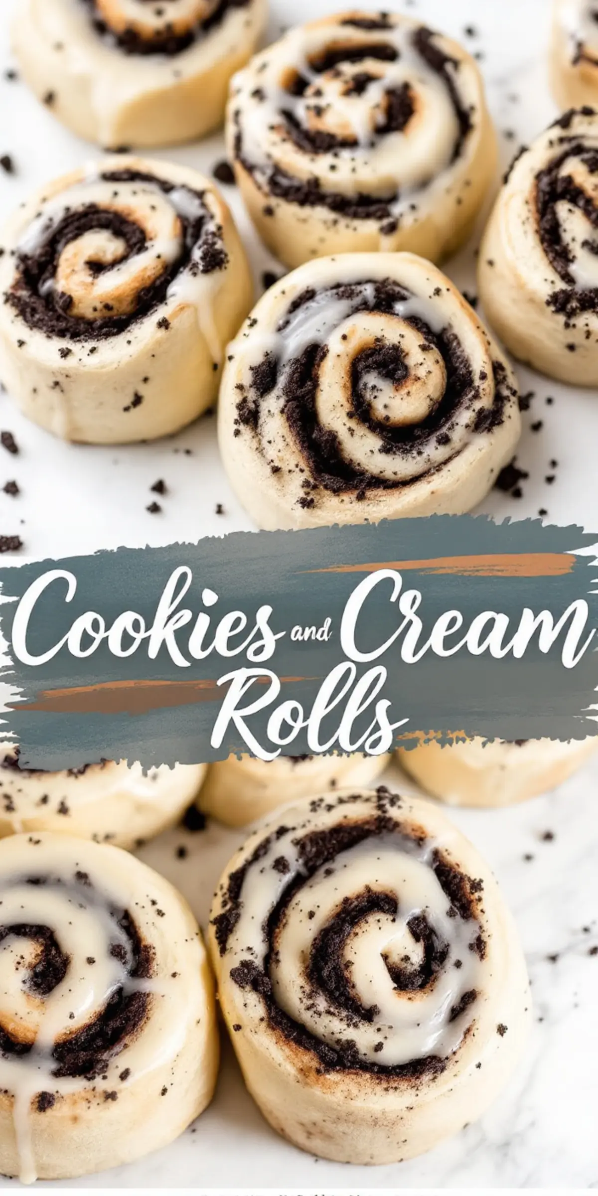 A collage showcasing cookies and cream rolls. The top half presents a batch of freshly baked rolls with a soft, golden exterior, filled with crushed chocolate cookies, and topped with a smooth icing drizzle. The bottom half provides a closer view of individual rolls, emphasizing the contrast between the dark cookie filling and the fluffy dough. A stylish banner with “Cookies and Cream Rolls” written in cursive overlays the image.