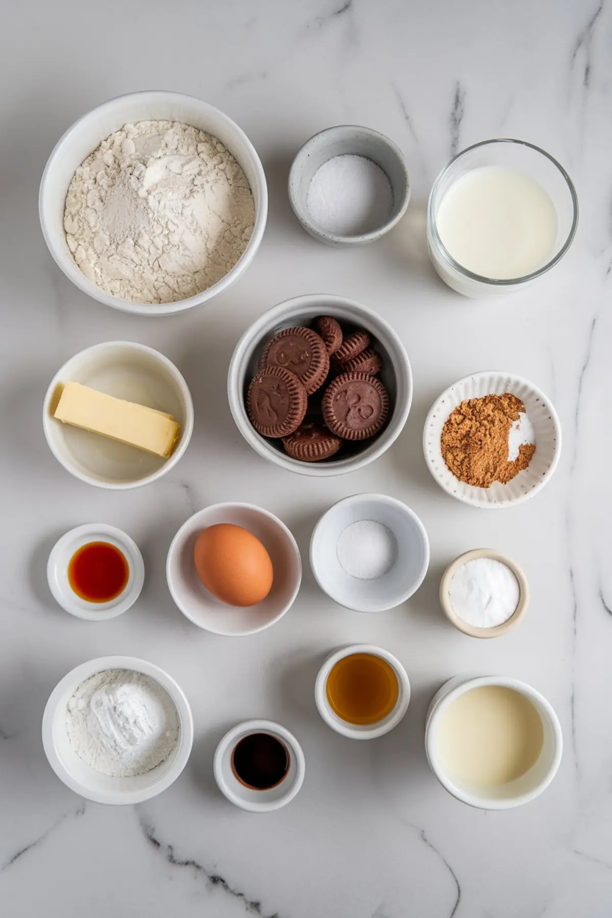 A flat lay of baking ingredients arranged in small bowls on a white marble countertop. The ingredients include flour, sugar, butter, an egg, milk, baking powder, baking soda, salt, vanilla extract, and chocolate sandwich cookies, all neatly organized for making cookies and cream rolls.