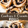 A collage featuring cookies and cream sweet rolls. The top half shows a close-up of golden-brown cinnamon roll-style pastries filled with crushed chocolate cookies and drizzled with white icing. The bottom half highlights a single roll with a soft, fluffy interior, revealing its swirled filling. A brown banner with white text reading “Cookies & Cream Rolls” is placed between the images.