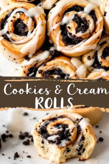 A collage featuring cookies and cream sweet rolls. The top half shows a close-up of golden-brown cinnamon roll-style pastries filled with crushed chocolate cookies and drizzled with white icing. The bottom half highlights a single roll with a soft, fluffy interior, revealing its swirled filling. A brown banner with white text reading “Cookies & Cream Rolls” is placed between the images.