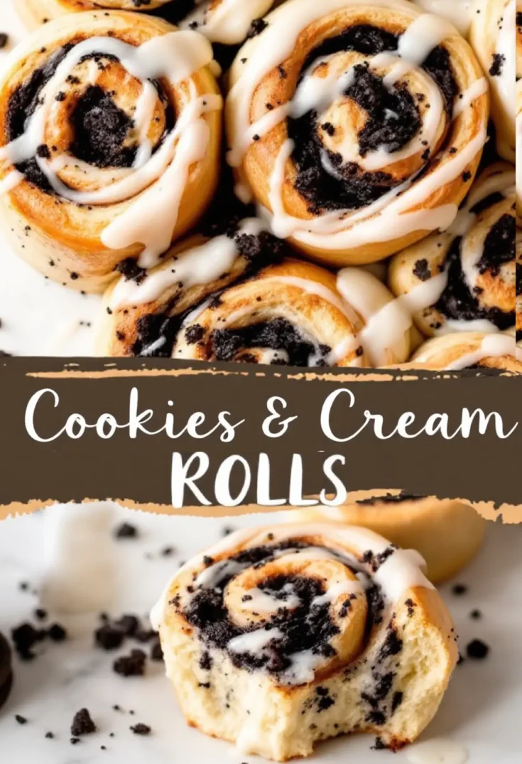 A collage featuring cookies and cream sweet rolls. The top half shows a close-up of golden-brown cinnamon roll-style pastries filled with crushed chocolate cookies and drizzled with white icing. The bottom half highlights a single roll with a soft, fluffy interior, revealing its swirled filling. A brown banner with white text reading “Cookies & Cream Rolls” is placed between the images.