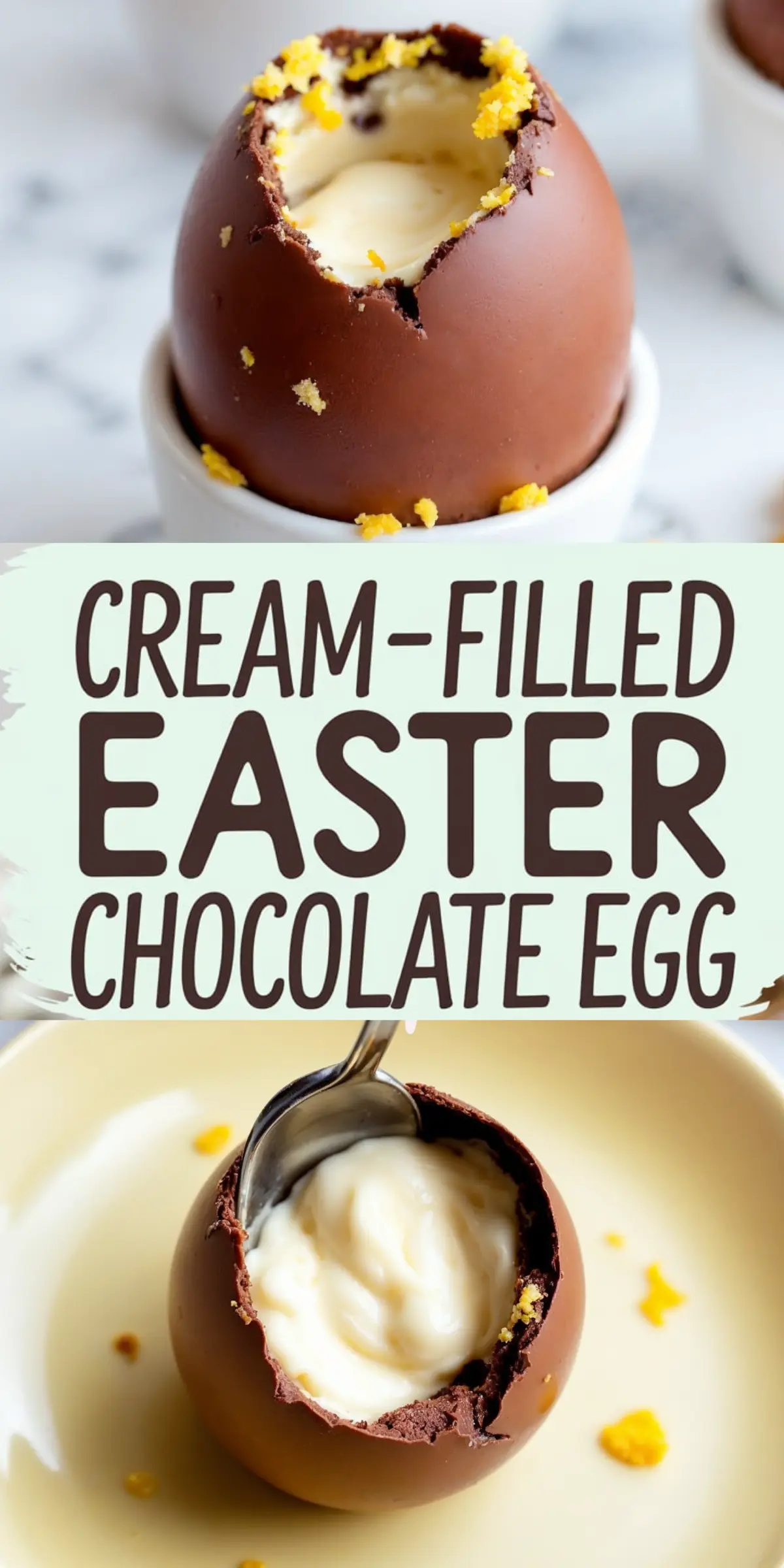 A chocolate Easter egg with a cracked top, revealing creamy vanilla filling inside, sprinkled with orange zest, placed on a small white dish. The image features bold text reading “Cream-Filled Easter Chocolate Egg.”