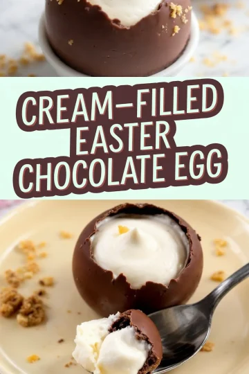 A split-image collage showcasing a chocolate Easter egg with a creamy filling. The top half displays the egg in a white dish, while the bottom half shows it on a beige plate with a spoon taking a bite. The image includes text reading “Cream-Filled Easter Chocolate Egg.”