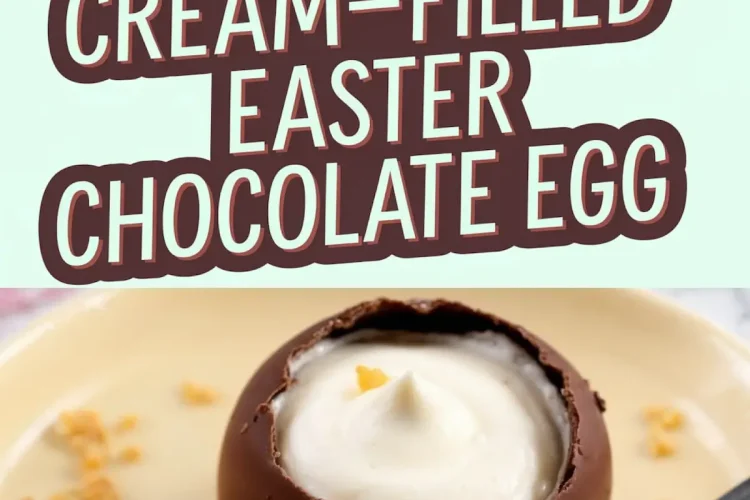 A split-image collage showcasing a chocolate Easter egg with a creamy filling. The top half displays the egg in a white dish, while the bottom half shows it on a beige plate with a spoon taking a bite. The image includes text reading “Cream-Filled Easter Chocolate Egg.”