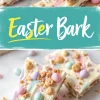 A close-up of Easter bark cut into pieces, topped with pastel candy-coated chocolates, crushed cookies, and tiny sprinkles. A teal and yellow text overlay reads “Easter Bark.”