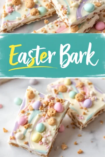 A close-up of Easter bark cut into pieces, topped with pastel candy-coated chocolates, crushed cookies, and tiny sprinkles. A teal and yellow text overlay reads “Easter Bark.”
