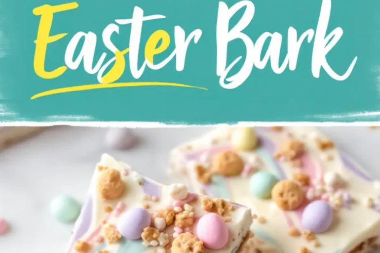 A close-up of Easter bark cut into pieces, topped with pastel candy-coated chocolates, crushed cookies, and tiny sprinkles. A teal and yellow text overlay reads “Easter Bark.”