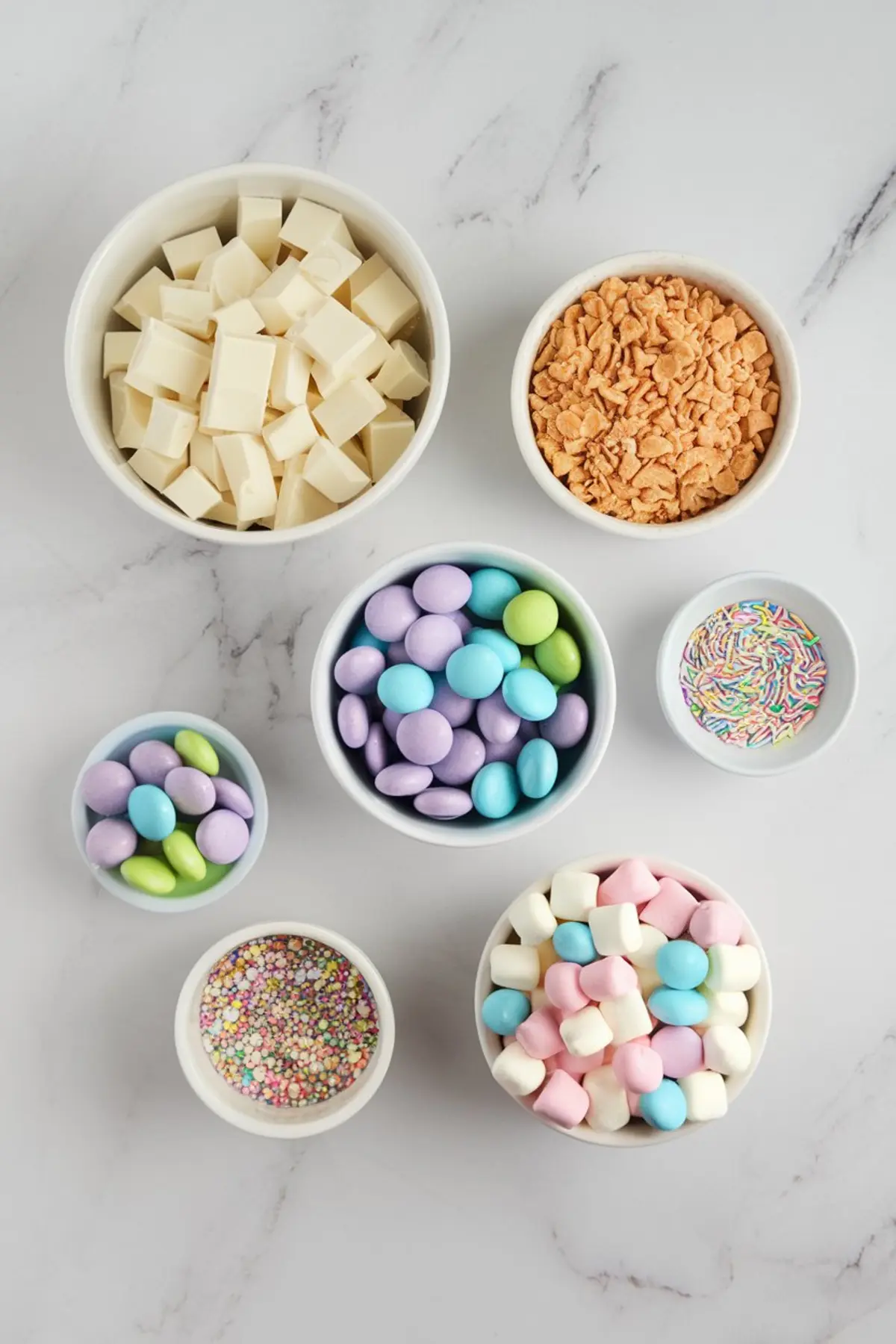 A flat lay of ingredients for making Easter bark, arranged in small white bowls on a marble countertop. The bowls contain white chocolate chunks, crushed cookies, pastel candy-coated chocolates, rainbow sprinkles, mini marshmallows, and colorful nonpareils.