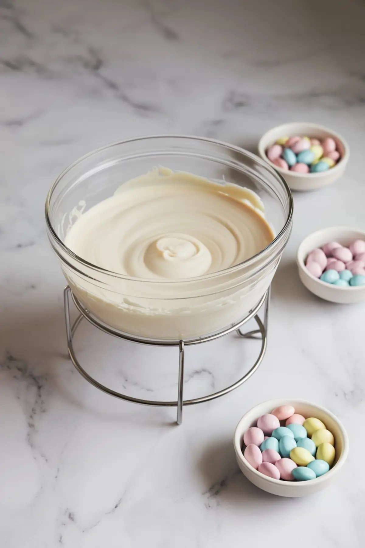 A glass bowl filled with smooth, melted white chocolate resting on a metal stand, with small bowls of pastel candy-coated chocolates in the background. The chocolate has a creamy texture with swirls on the surface.