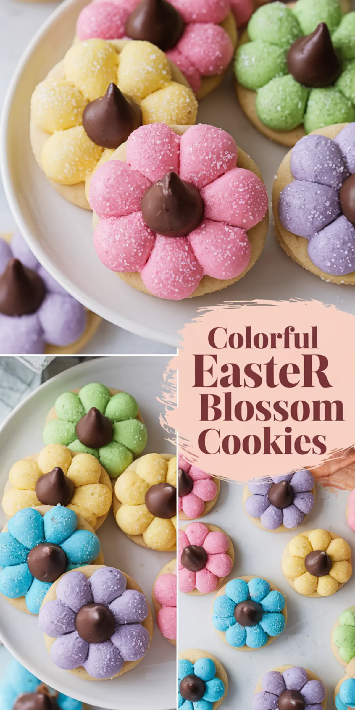 Colorful Easter blossom cookies arranged on plates. The cookies are shaped like flowers with pastel petals in pink, yellow, green, purple, and blue, topped with chocolate kisses in the center. Text overlay reads “Colorful Easter Blossom Cookies.”