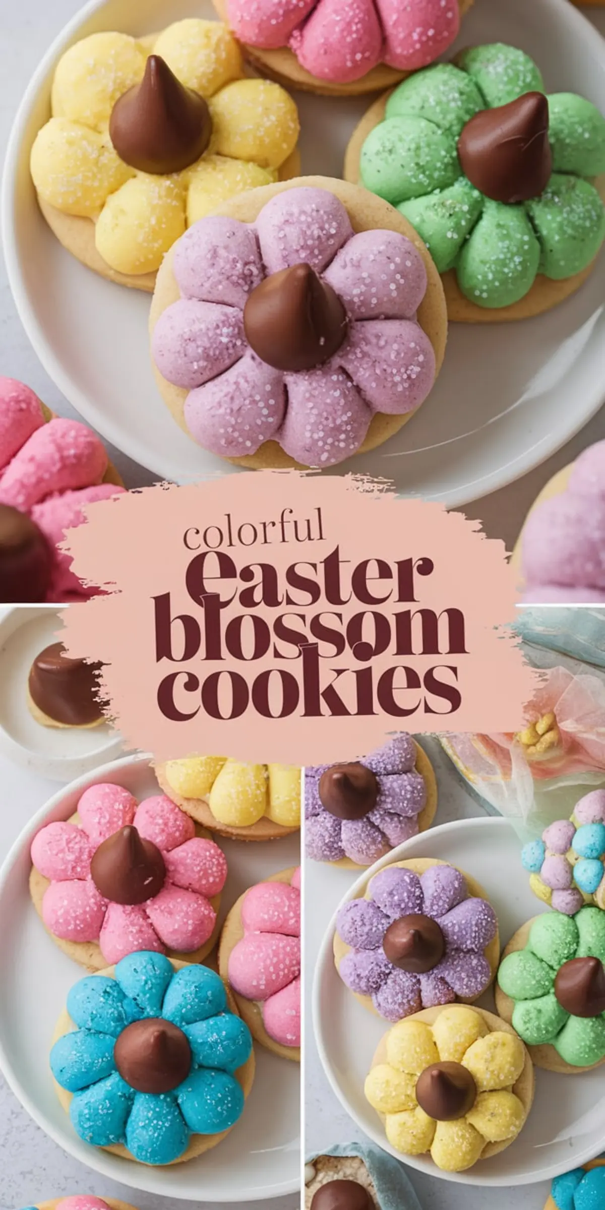 Assorted Easter blossom cookies displayed on plates with pastel-colored petals and chocolate centers. The vibrant cookies are sprinkled with sugar, enhancing their festive appearance. Text overlay reads “Colorful Easter Blossom Cookies.”