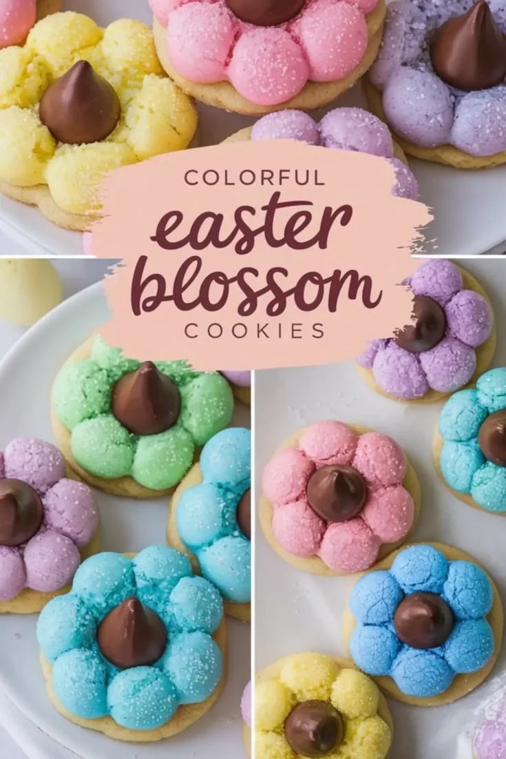 Colorful Easter blossom cookies with pastel petals and chocolate centers arranged on a white plate. The cookies feature a sugar-dusted finish, and the text overlay reads “Colorful Easter Blossom Cookies.”