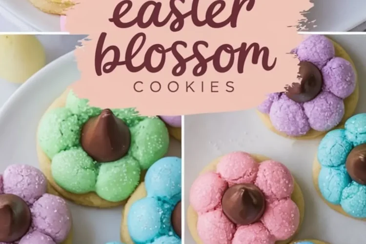 Colorful Easter blossom cookies with pastel petals and chocolate centers arranged on a white plate. The cookies feature a sugar-dusted finish, and the text overlay reads “Colorful Easter Blossom Cookies.”