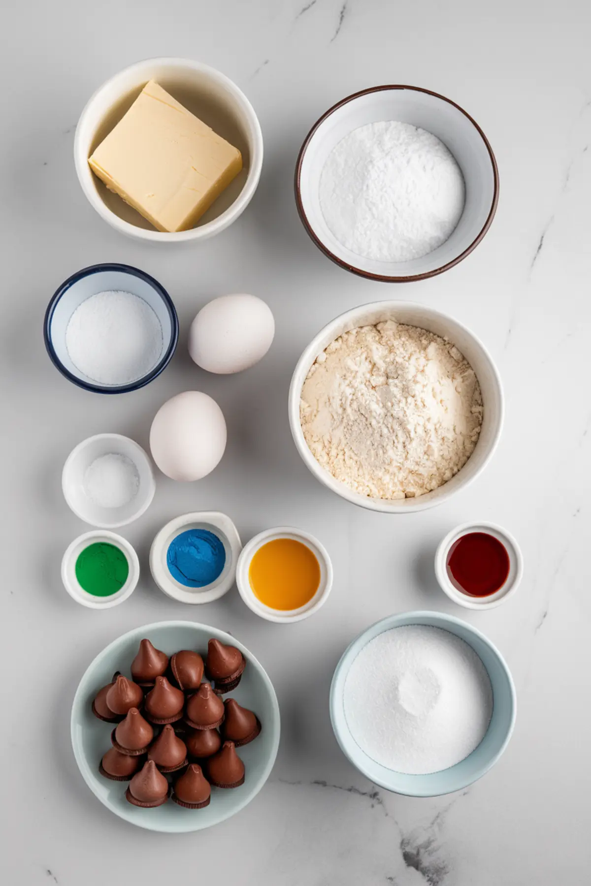 Baking ingredients for Easter blossom cookies laid out on a marble countertop. Includes butter, eggs, flour, sugar, food coloring in green, blue, yellow, and red, and chocolate kisses.