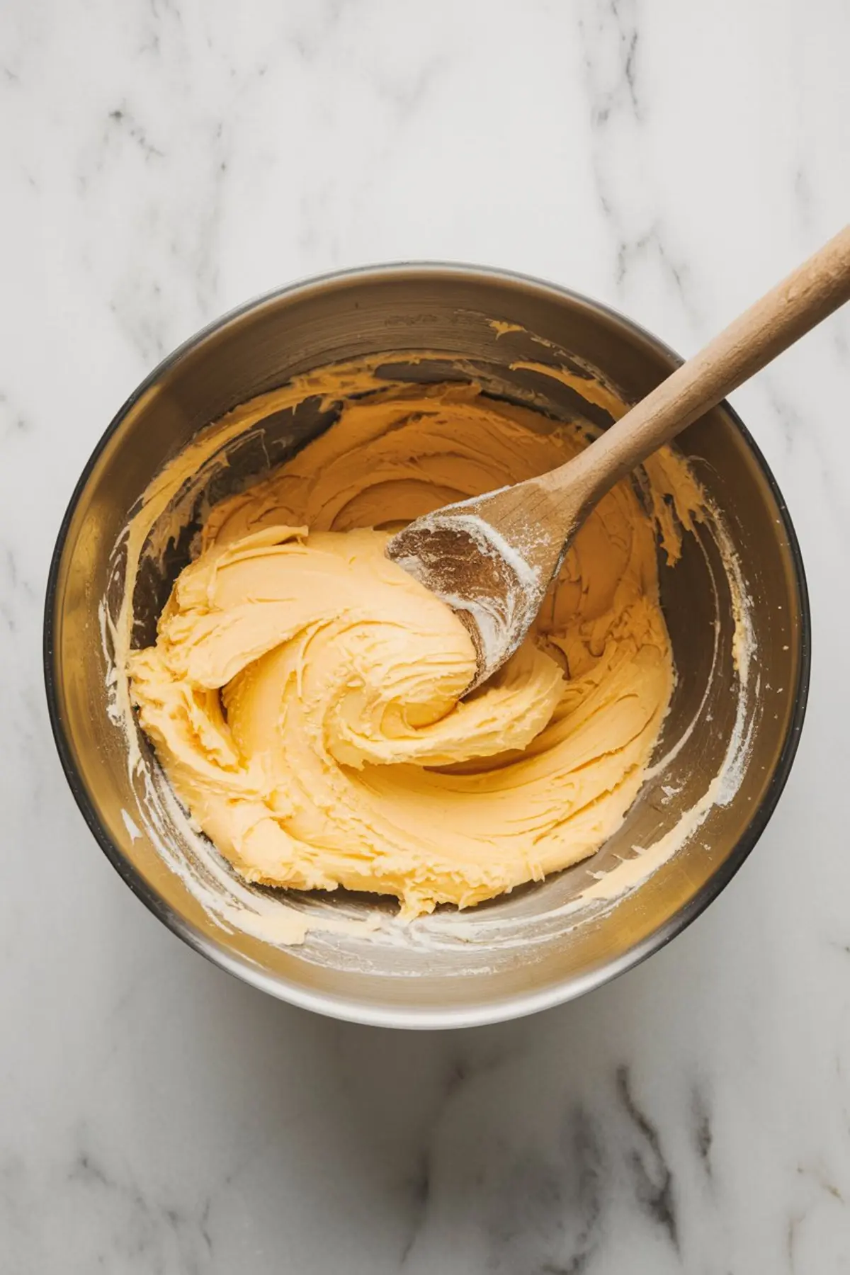 Mixing bowl with creamy yellow cookie dough and a wooden spoon, showing the preparation of Easter blossom cookies. The dough has a smooth, fluffy texture.