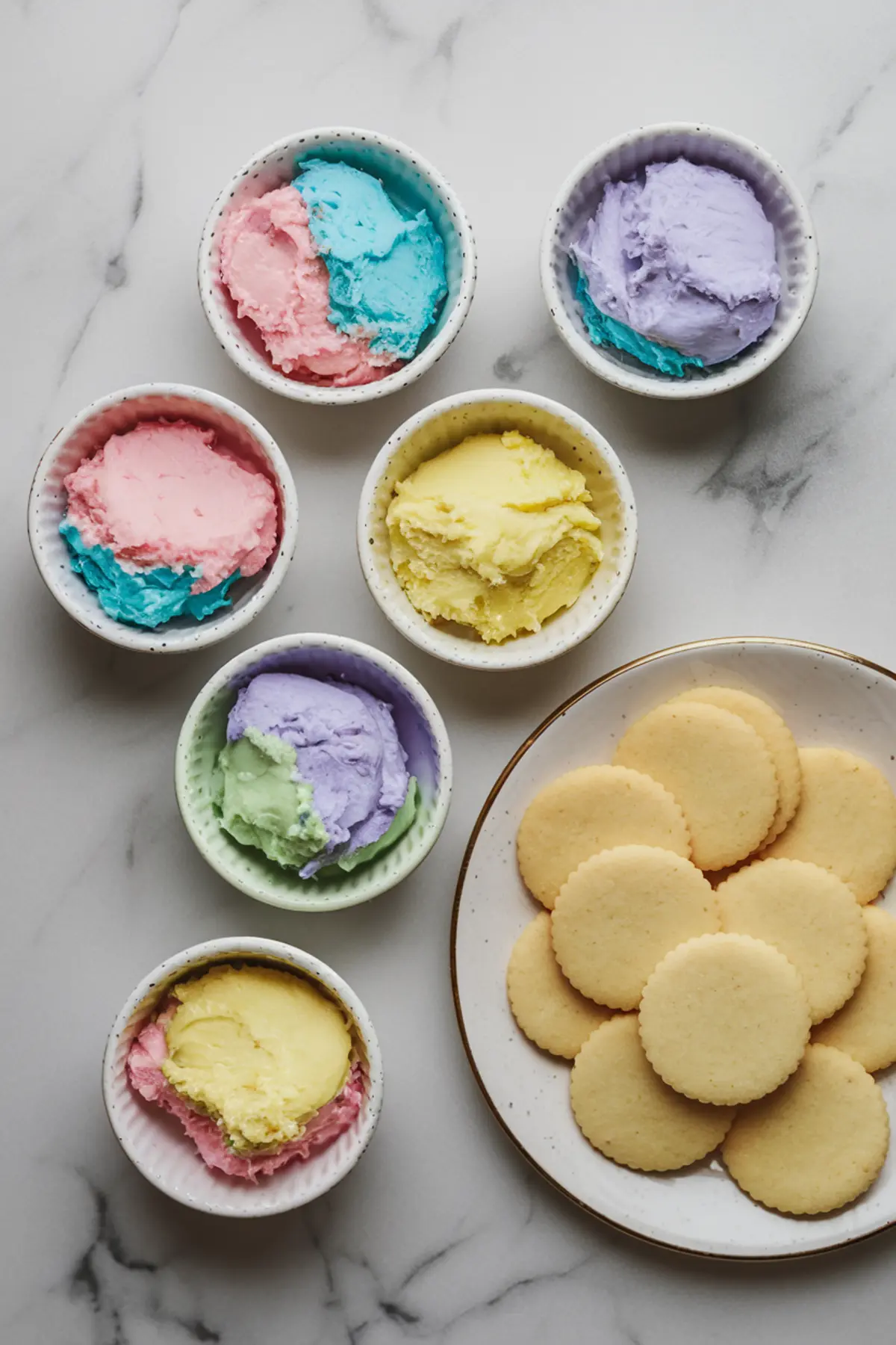 Bowls of pastel-colored frosting in pink, blue, yellow, green, and purple, alongside plain round sugar cookies on a plate, showing the decorating process for Easter blossom cookies.
