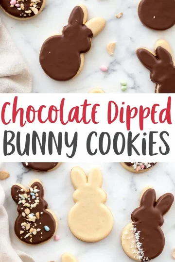 A collage featuring chocolate-dipped bunny-shaped sugar cookies on a marble surface. Some cookies are half-dipped in chocolate, while others have sprinkles or shredded coconut. The center of the image displays the text “Chocolate Dipped Bunny Cookies” in bold red and black lettering.