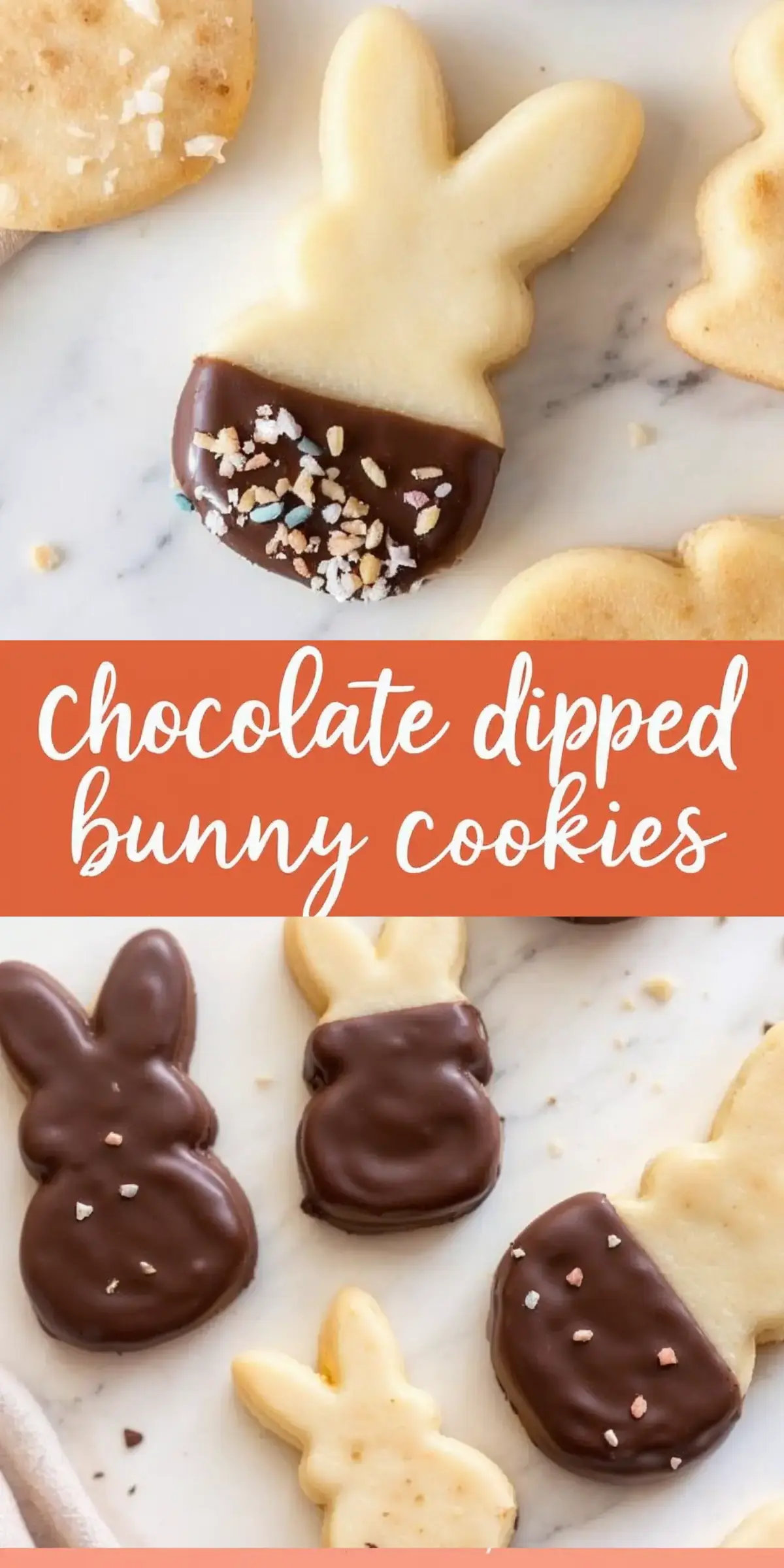 A collage of close-up shots showcasing chocolate-dipped bunny-shaped cookies. The cookies are partially coated in chocolate, with some sprinkled with crushed nuts and pastel-colored decorations. A text overlay in white cursive reads “chocolate dipped bunny cookies” on an orange background.