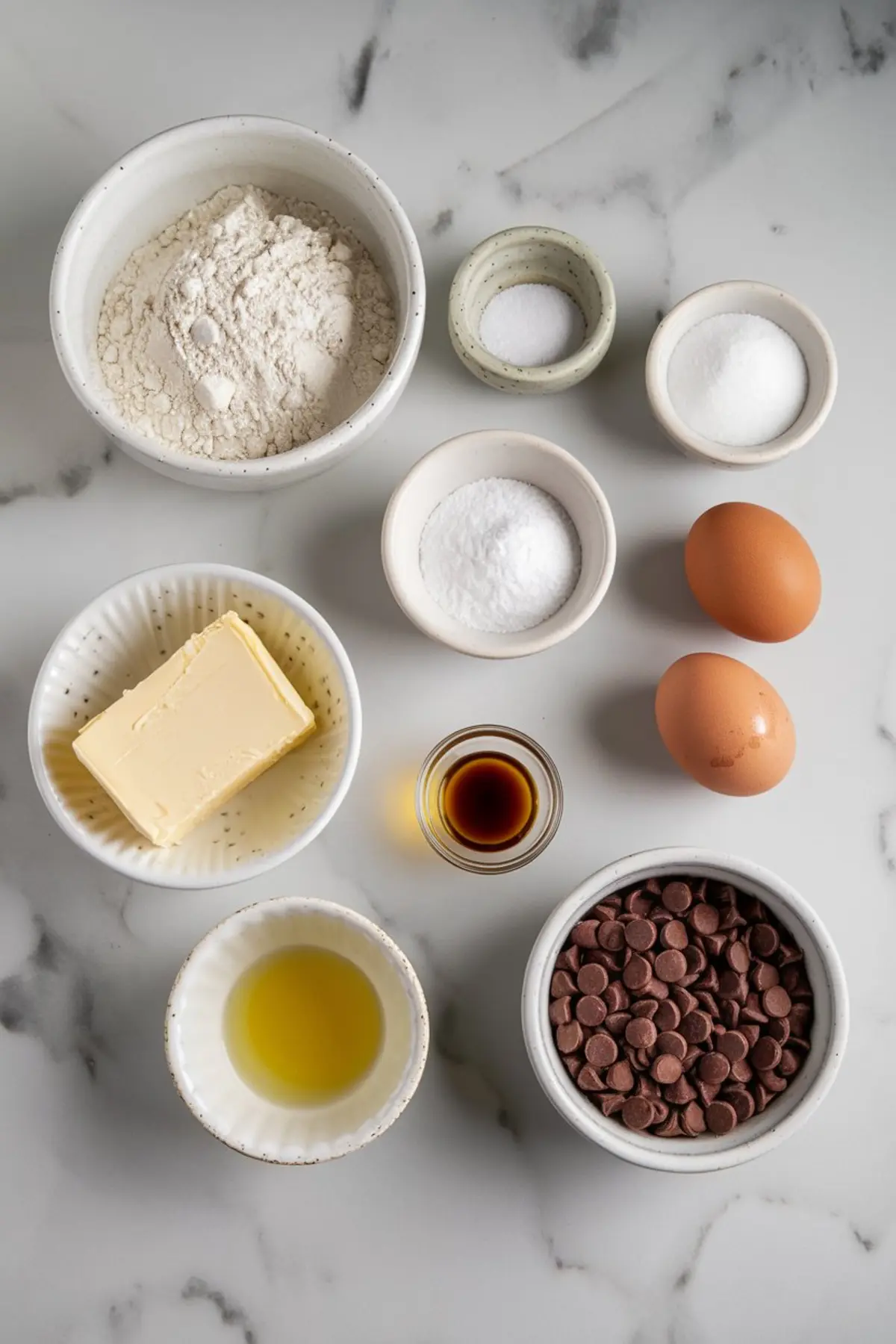 A flat lay of baking ingredients for chocolate-dipped sugar cookies. Ingredients include flour, sugar, eggs, butter, vanilla extract, salt, baking powder, and a bowl of chocolate chips, all arranged on a marble countertop in ceramic bowls.