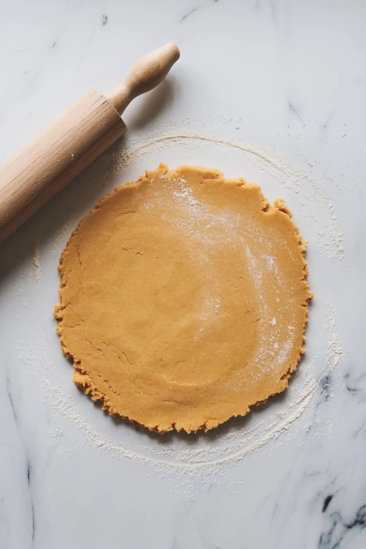 A close-up of rolled-out sugar cookie dough on a floured marble surface. A wooden rolling pin rests beside the dough, which has been evenly spread in preparation for cutting out cookie shapes.
