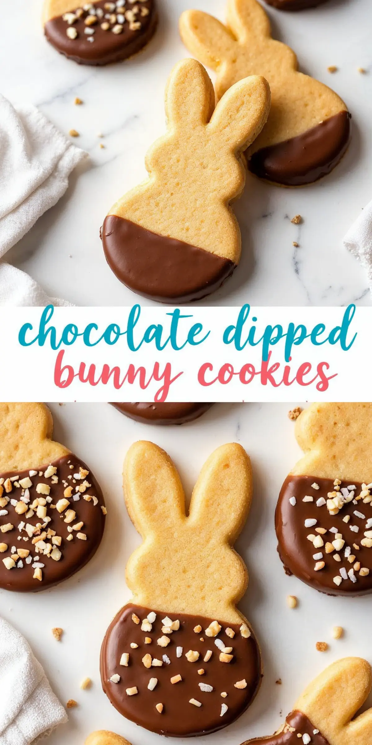 A collage showcasing chocolate-dipped bunny cookies neatly arranged on a marble surface. Some cookies are dipped in chocolate, while others are sprinkled with crushed nuts or sugar pearls. A text overlay in white cursive on a teal background reads “chocolate dipped bunny cookies.”