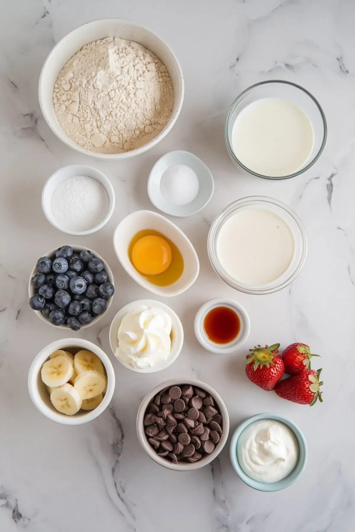 A flat-lay display of pancake ingredients on a marble countertop includes flour, sugar, baking powder, milk, cream, an egg, vanilla extract, and fresh toppings like blueberries, strawberries, banana slices, whipped cream, and chocolate chips.