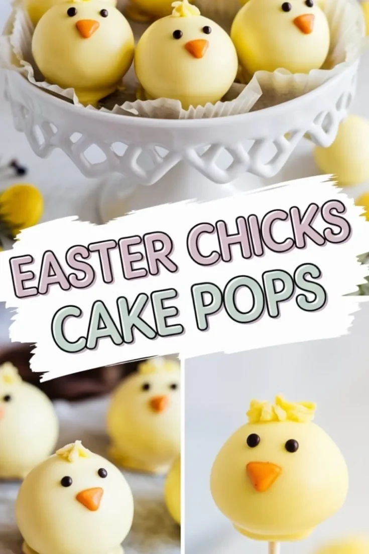 A collage of Easter chick cake pops served on a decorative white cake stand, with close-up shots of the chick-shaped treats featuring yellow candy coating, tiny chocolate eyes, and orange beaks. A text overlay says “Easter Chicks Cake Pops” in a mix of pastel and bold fonts.