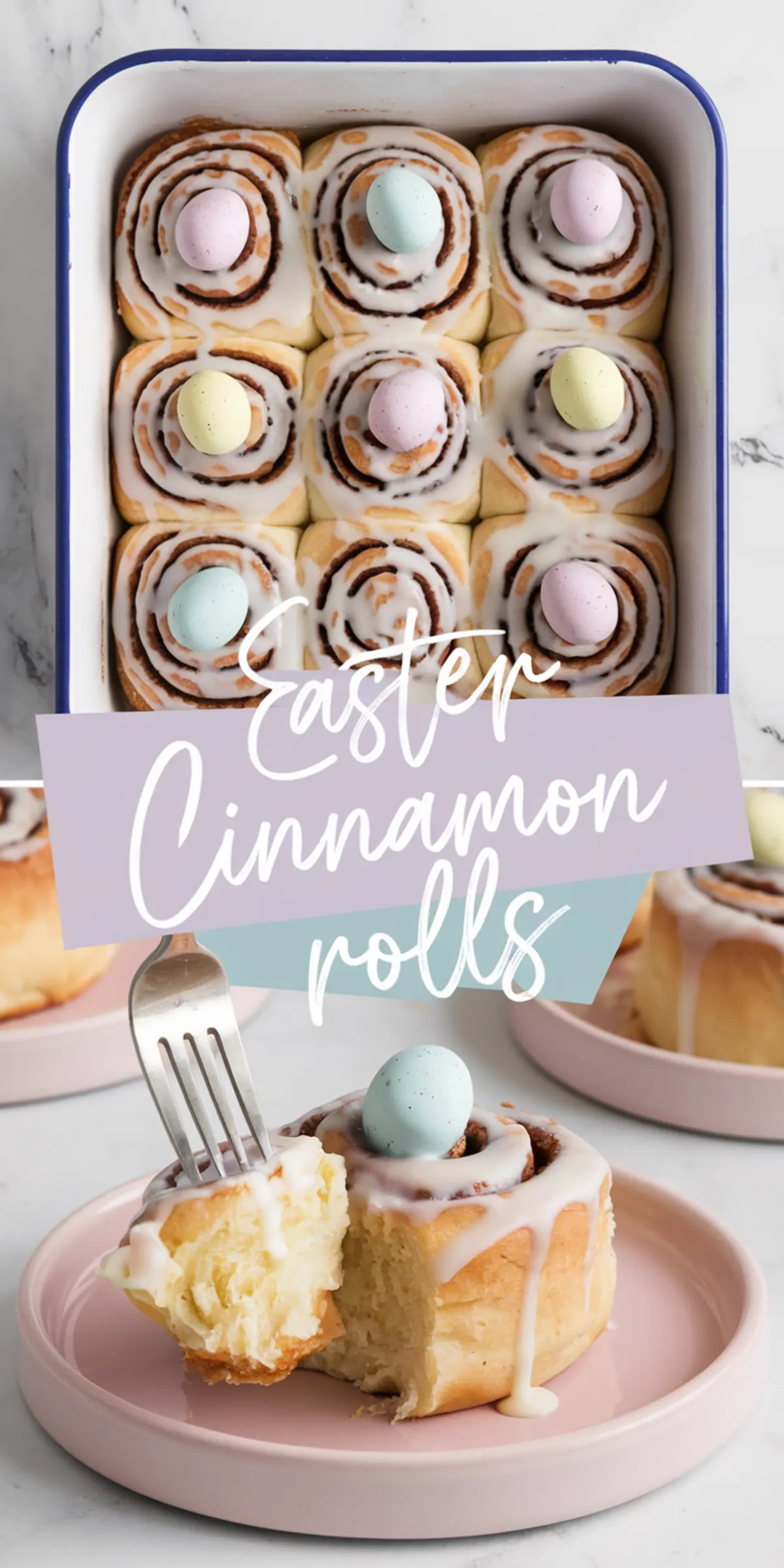 A baking dish filled with freshly baked cinnamon rolls, arranged neatly and drizzled with icing. Each roll is decorated with a pastel candy egg. In the foreground, a cinnamon roll on a pink plate has a bite taken out, showing its soft, fluffy texture. A fork is lifting a piece. The text overlay says “Easter Cinnamon Rolls” in a handwritten style.