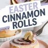 A close-up of Easter cinnamon rolls with icing and pastel candy eggs. The text overlay reads “Easter Cinnamon Rolls.” A soft, fluffy roll with a cinnamon swirl is on a pink plate, with a fork taking a bite. The background shows a baking dish with more cinnamon rolls.