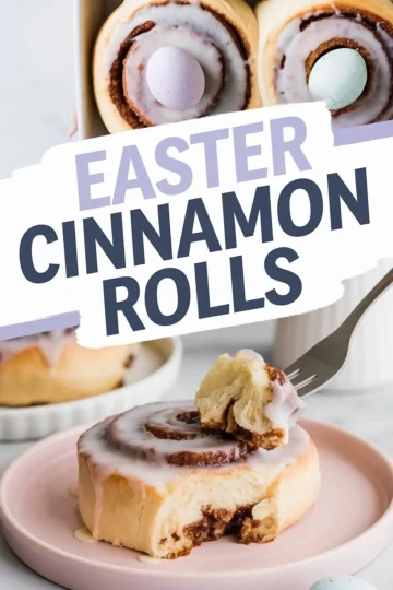 A close-up of Easter cinnamon rolls with icing and pastel candy eggs. The text overlay reads “Easter Cinnamon Rolls.” A soft, fluffy roll with a cinnamon swirl is on a pink plate, with a fork taking a bite. The background shows a baking dish with more cinnamon rolls.