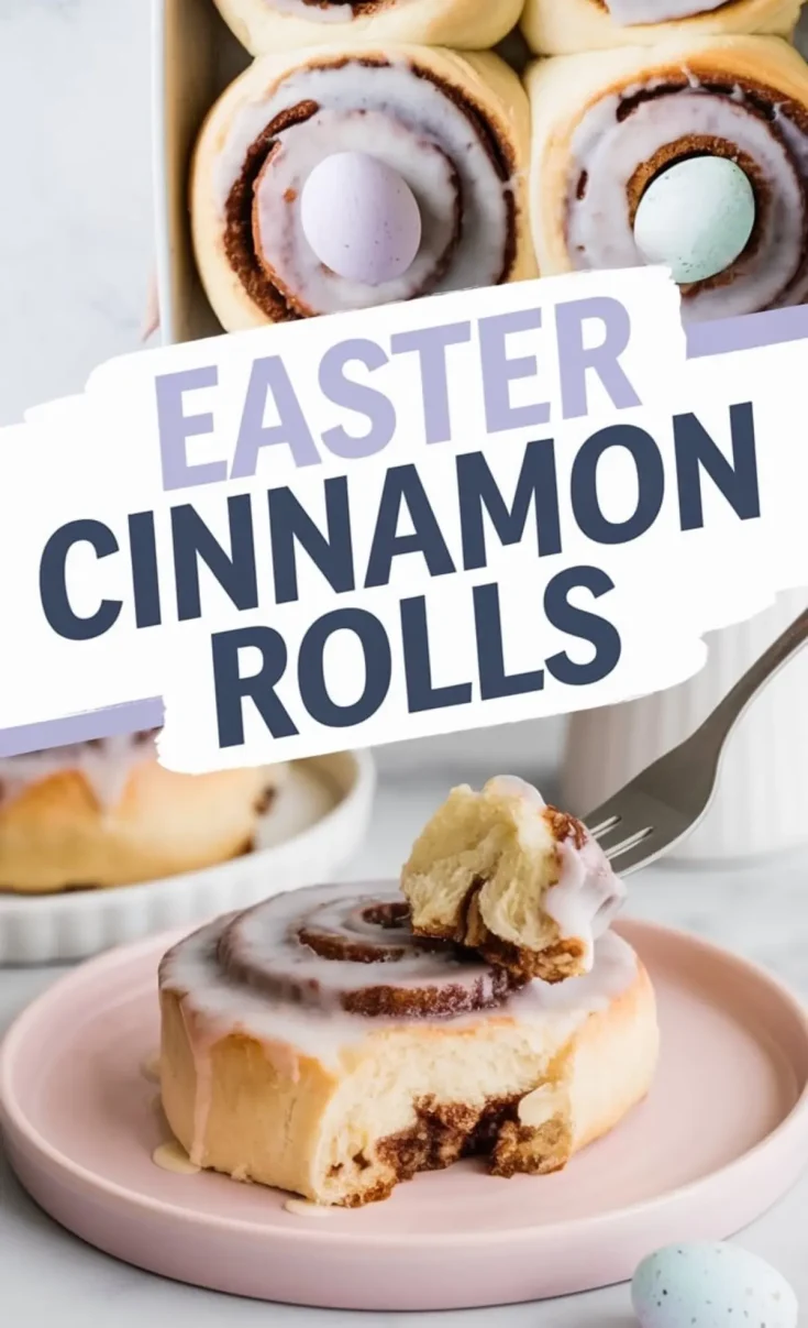 A close-up of Easter cinnamon rolls with icing and pastel candy eggs. The text overlay reads “Easter Cinnamon Rolls.” A soft, fluffy roll with a cinnamon swirl is on a pink plate, with a fork taking a bite. The background shows a baking dish with more cinnamon rolls.