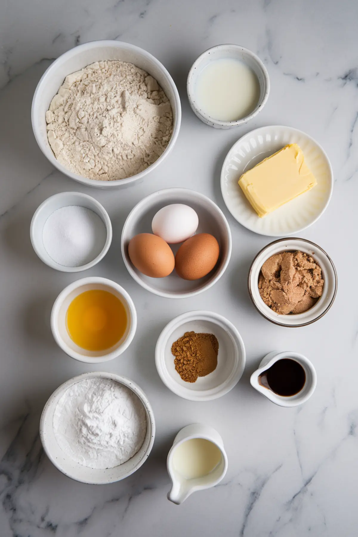 A flat-lay image of baking ingredients arranged in small bowls on a white marble surface. Ingredients include flour, eggs, sugar, brown sugar, butter, cinnamon, vanilla extract, milk, and honey, all neatly portioned.