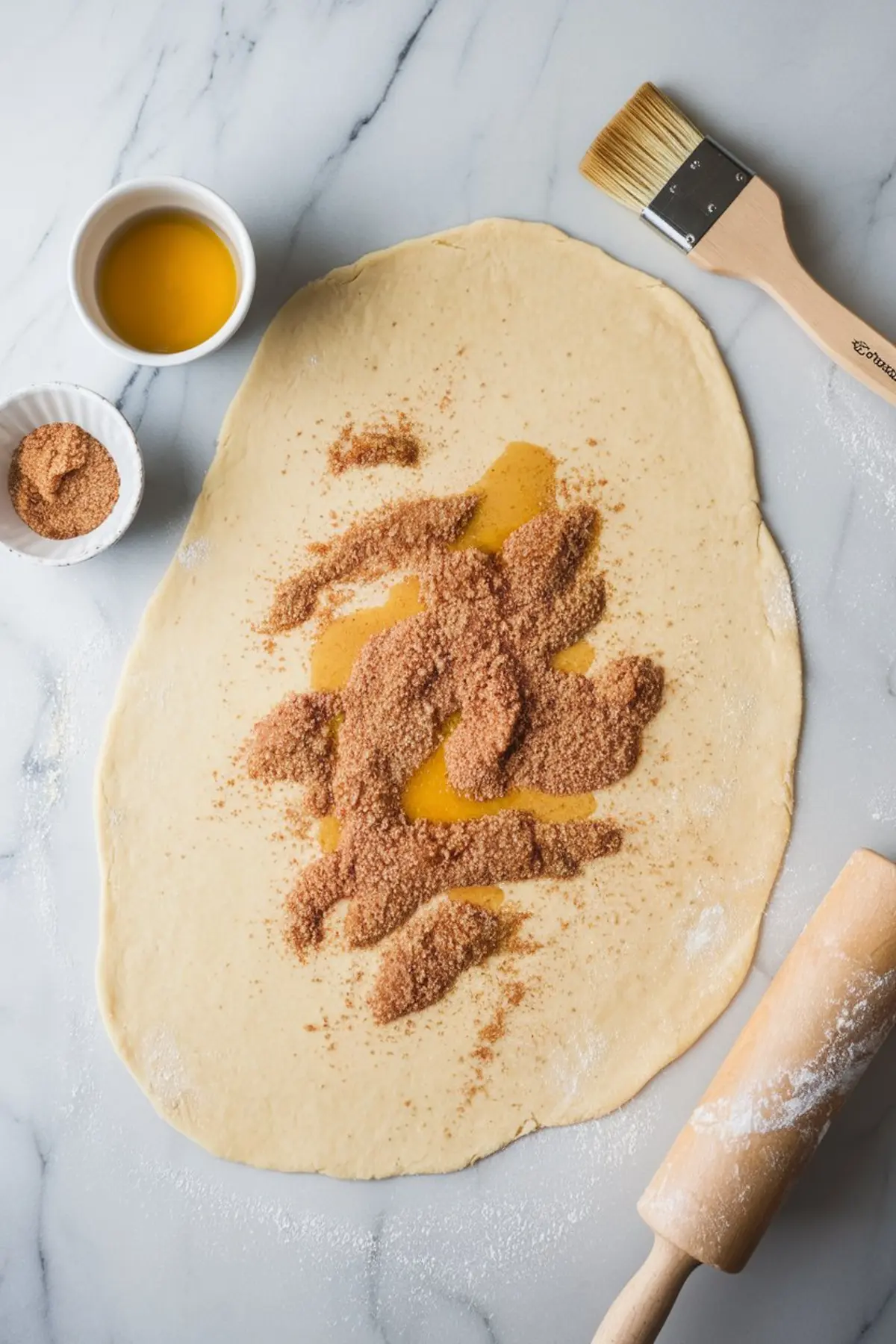 A rolled-out sheet of cinnamon roll dough on a lightly floured marble surface. Melted butter and brown sugar are sprinkled on top. A wooden rolling pin, pastry brush, and a small bowl of extra cinnamon sugar are nearby.