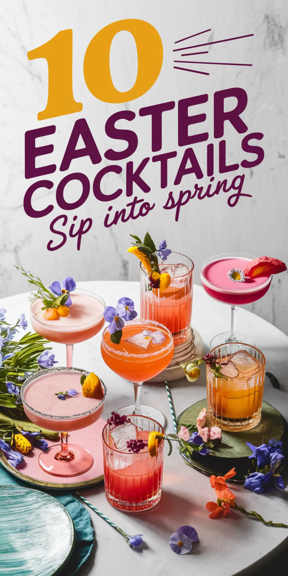 Colorful assortment of Easter cocktails arranged on pastel plates with vibrant floral garnishes. The drinks are displayed in elegant glassware, featuring shades of pink, orange, and purple. Bold typography reads “10 Easter Cocktails - Sip into Spring,” complementing the festive, spring-inspired theme.