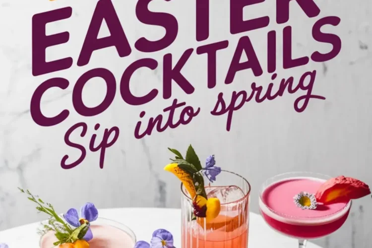 Colorful Easter cocktails on a white marble table, garnished with vibrant edible flowers, fresh fruit slices, and delicate herbs. The text above reads, “10 Easter Cocktails - Sip into Spring” in bold yellow and purple lettering. The drinks showcase a variety of bright hues, including pink, orange, and magenta, arranged in elegant glassware, creating a festive springtime atmosphere.