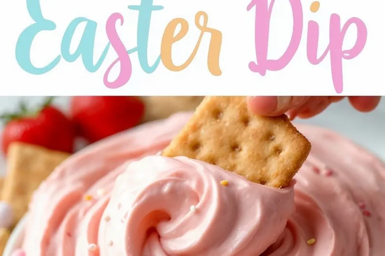 A close-up of creamy pink Easter dip in a white bowl, decorated with pastel candy-coated eggs and tiny sprinkles. A graham cracker is dipped into the fluffy mixture, with fresh strawberries and crackers in the background. A pastel-colored banner in the middle reads "Easter Dip."