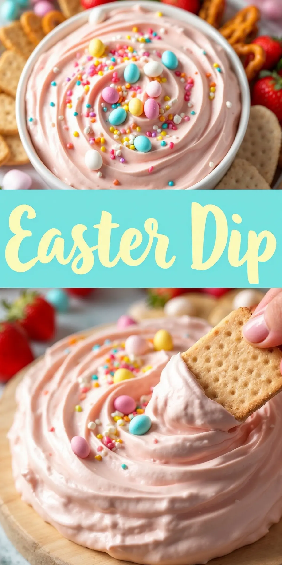 A swirled bowl of pink Easter dip, garnished with colorful sprinkles and pastel mini eggs. A graham cracker is dipped into the creamy mixture, with strawberries, pretzels, and crackers scattered around. A bright turquoise banner in the center displays "Easter Dip" in cursive lettering.