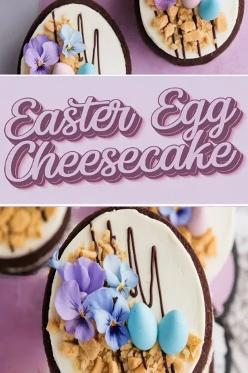 A collage of Easter egg cheesecakes with a slightly different angle and arrangement. The cheesecakes feature pastel decorations, chocolate drizzle, and edible flowers on a pink background, with the same “Easter Egg Cheesecake” text overlay in pink and white.
