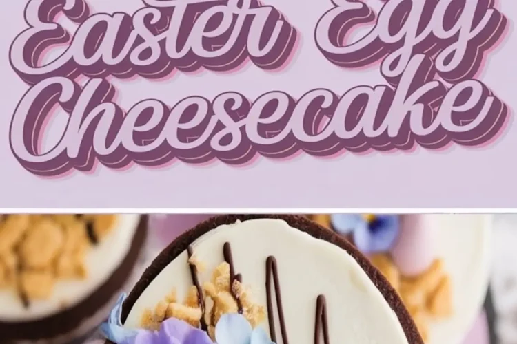 A collage of Easter egg cheesecakes with a slightly different angle and arrangement. The cheesecakes feature pastel decorations, chocolate drizzle, and edible flowers on a pink background, with the same “Easter Egg Cheesecake” text overlay in pink and white.
