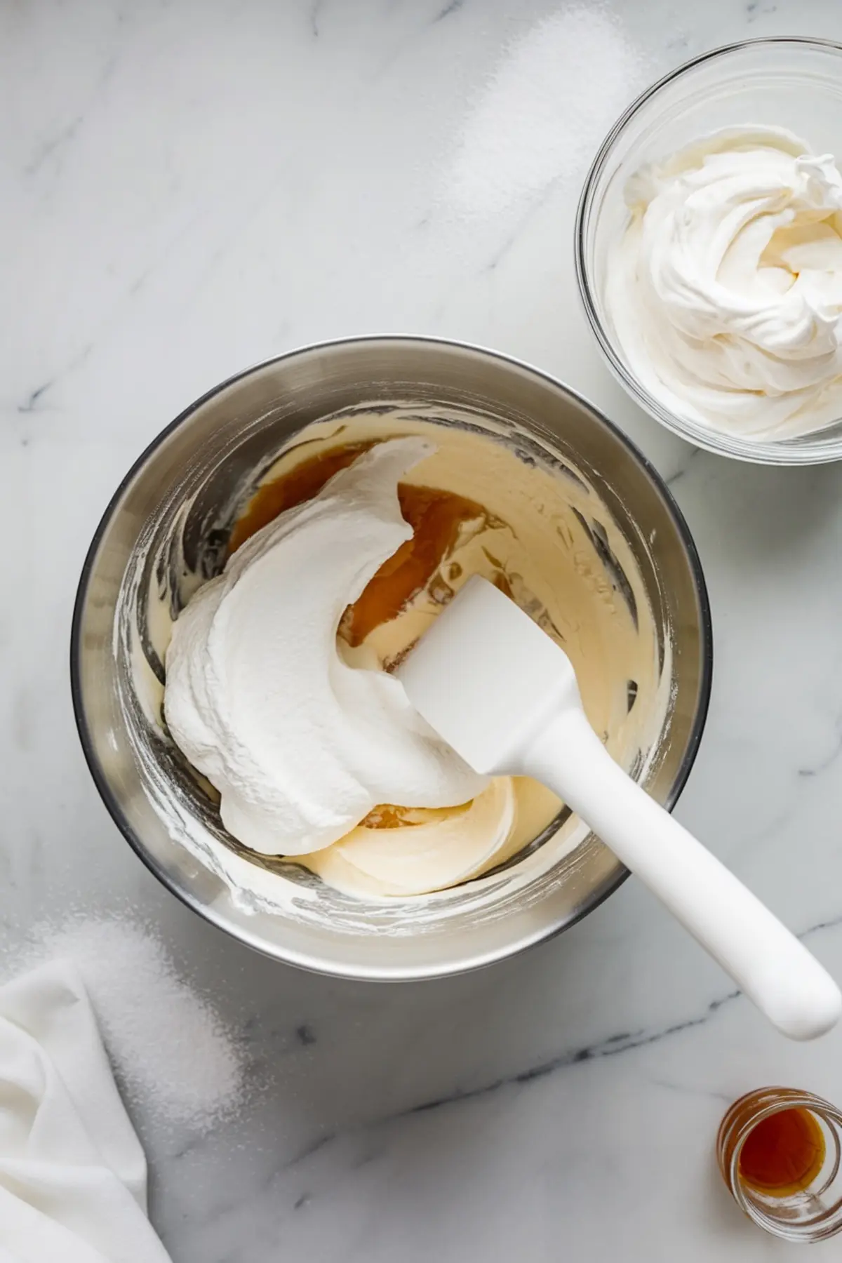 A close-up of a mixing bowl with cheesecake filling being folded together using a white spatula. A separate bowl of whipped cream and a small dish of vanilla extract are visible on the marble countertop, with granulated sugar scattered around.