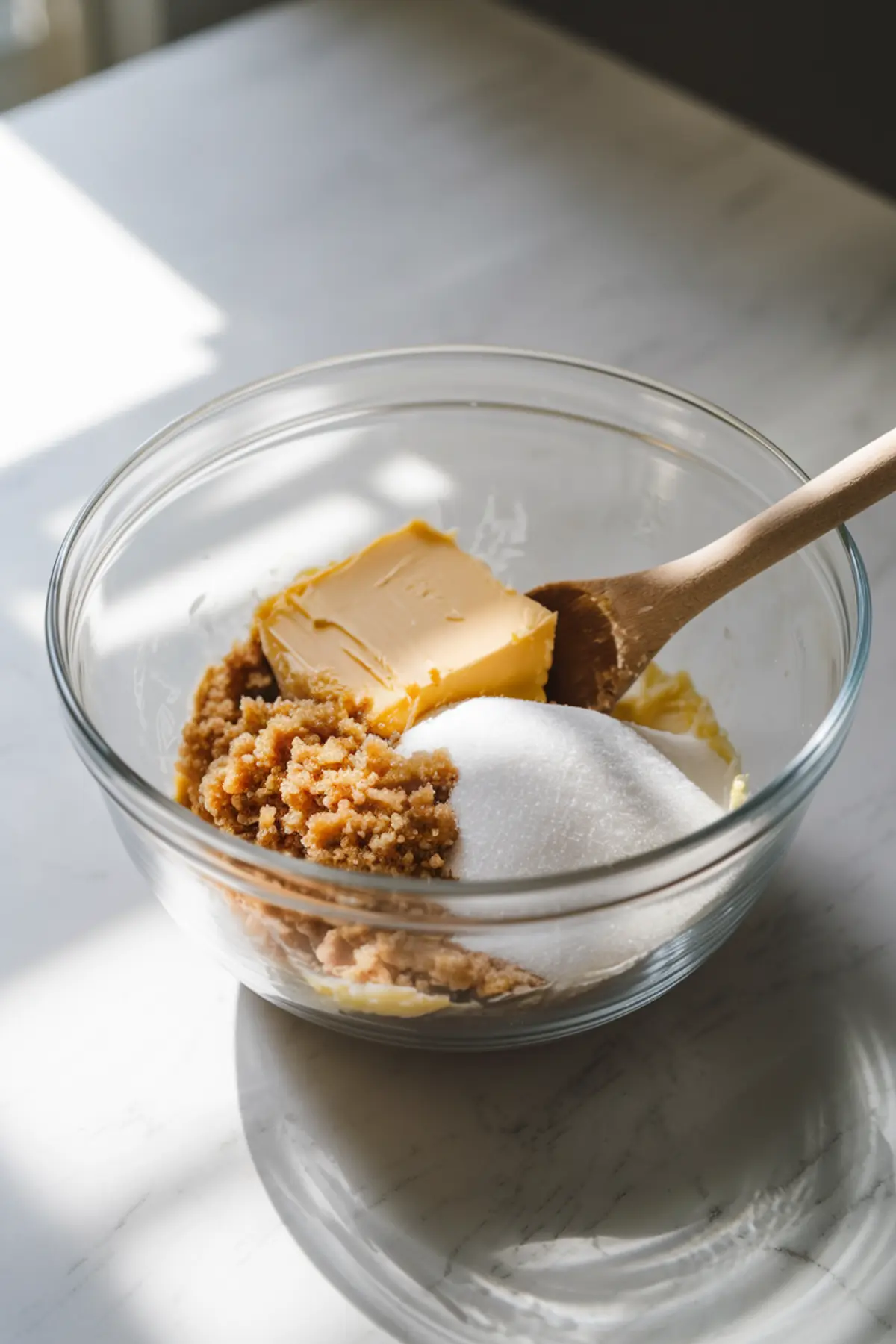 A clear glass mixing bowl filled with softened butter, brown sugar, and white sugar sits on a white marble countertop. A wooden spoon rests inside the bowl, ready to mix the ingredients. Natural light from a nearby window highlights the textures of the ingredients.