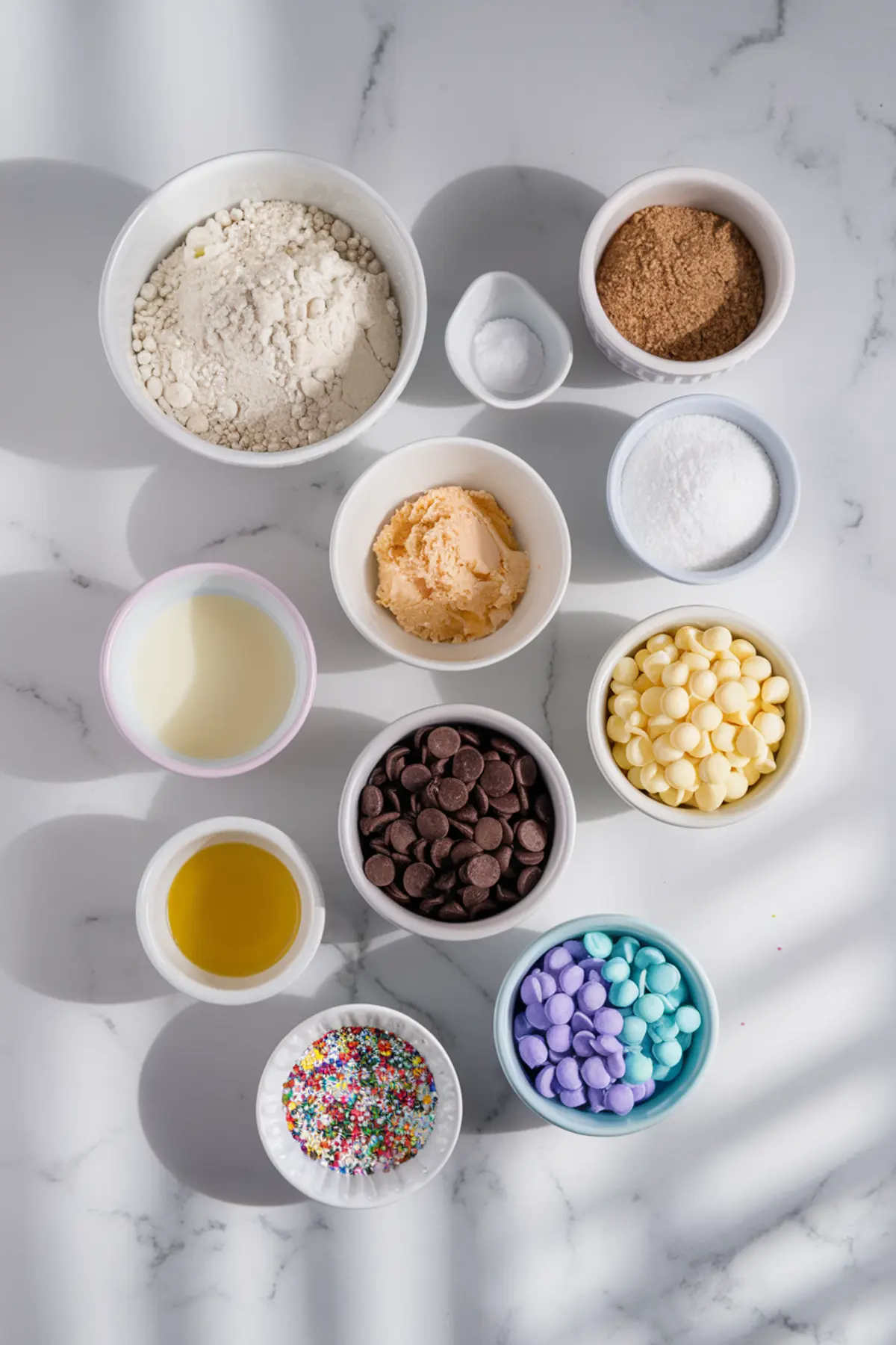 Overhead view of baking ingredients arranged in small bowls on a marble countertop. The ingredients include flour, brown sugar, white sugar, salt, butter, milk, vanilla extract, dark chocolate chips, white chocolate chips, pastel-colored candy melts, and rainbow sprinkles. Sunlight casts soft shadows across the surface.