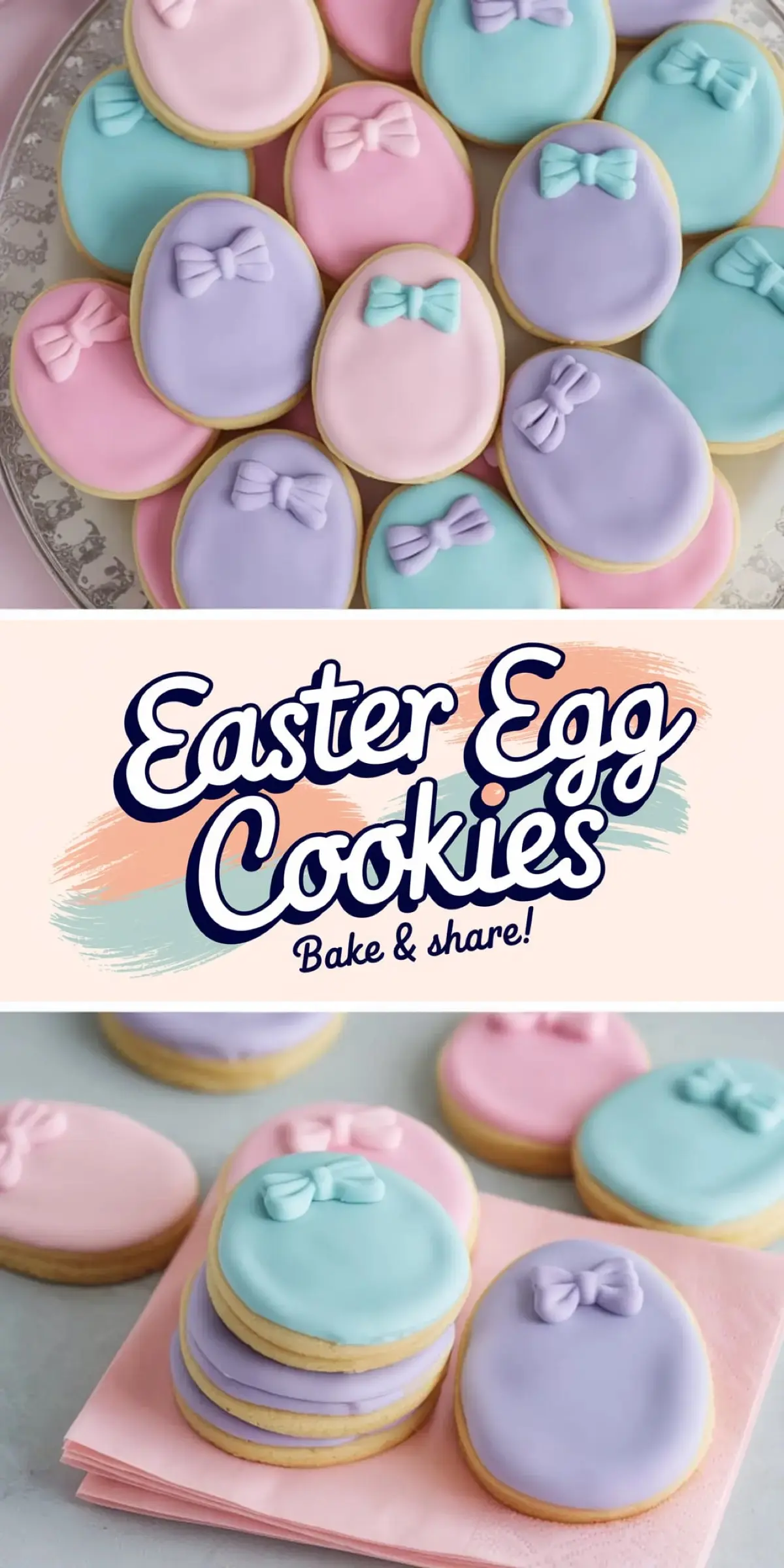 A plate filled with pastel-colored Easter egg cookies decorated with smooth royal icing and small fondant bows in pink, purple, and blue. The cookies are arranged in a visually appealing way, highlighting their soft hues and delicate details.